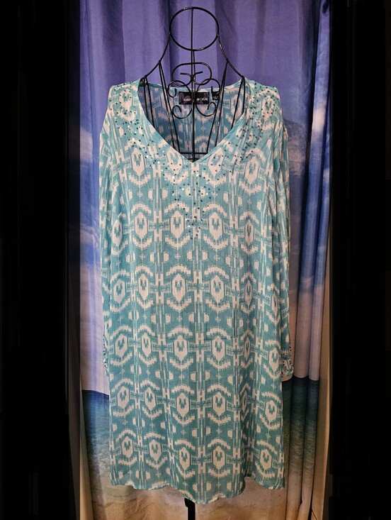 Susan Graver Tops - Susan Graver   Abstract Ikat Aqua Long-Sleeve Women's Dress or Beach Coverup